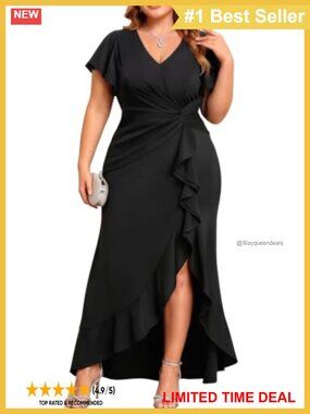 Plus Size Formal Dress V-Neck Twist Ruffled High Slit Evening Gown
